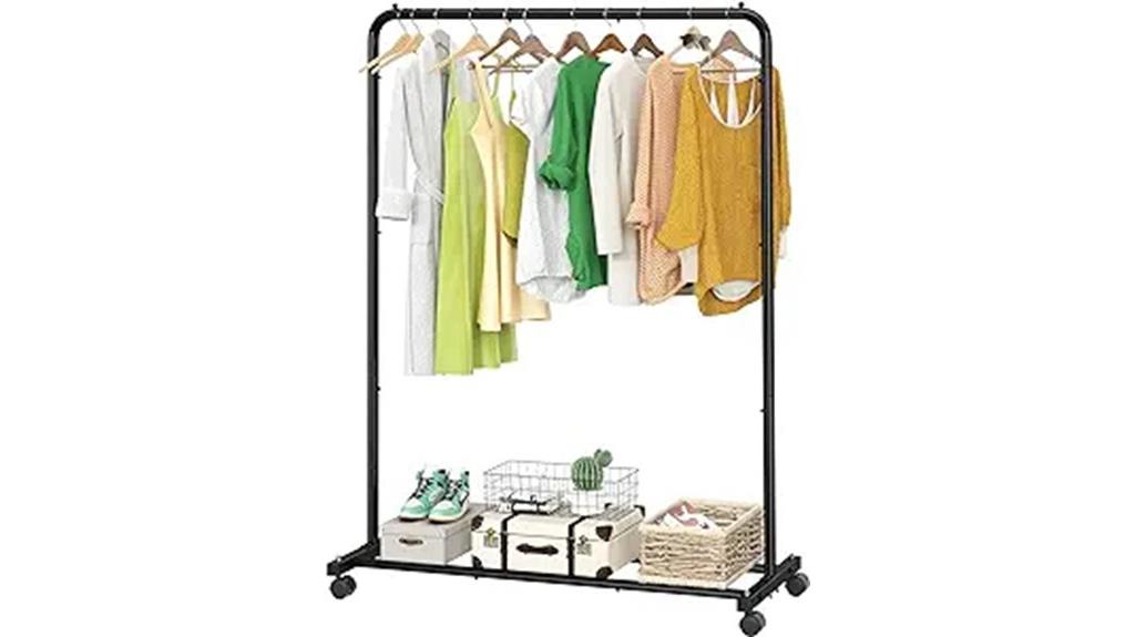 rolling clothing rack with shelves