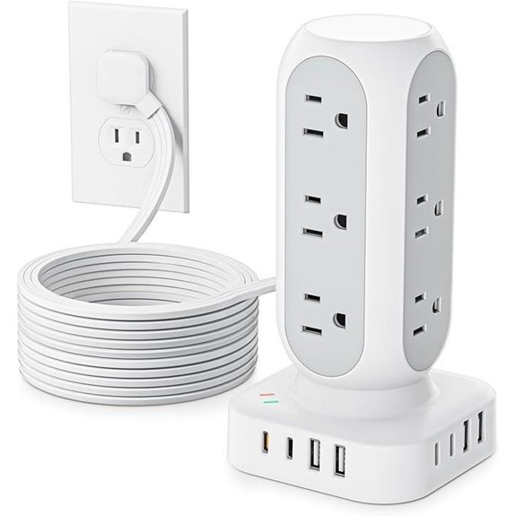 Flat Plug Power Strip Tower with USB-C and Outlets