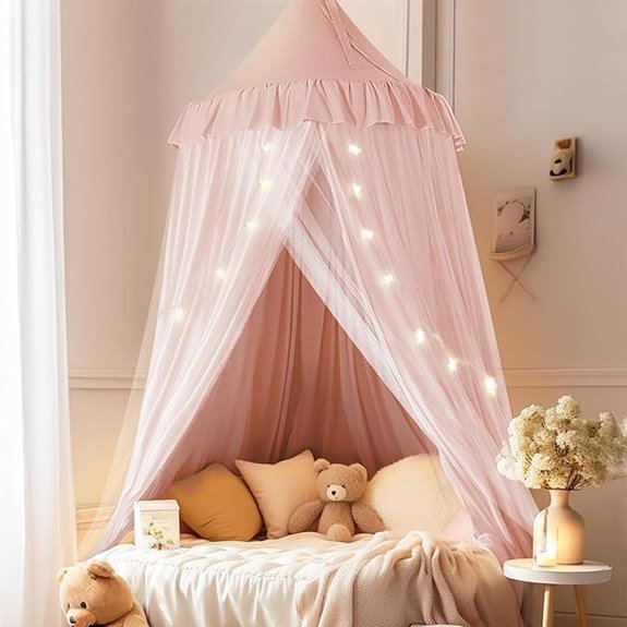 Pink Bed Canopy with Star Lights for Girls